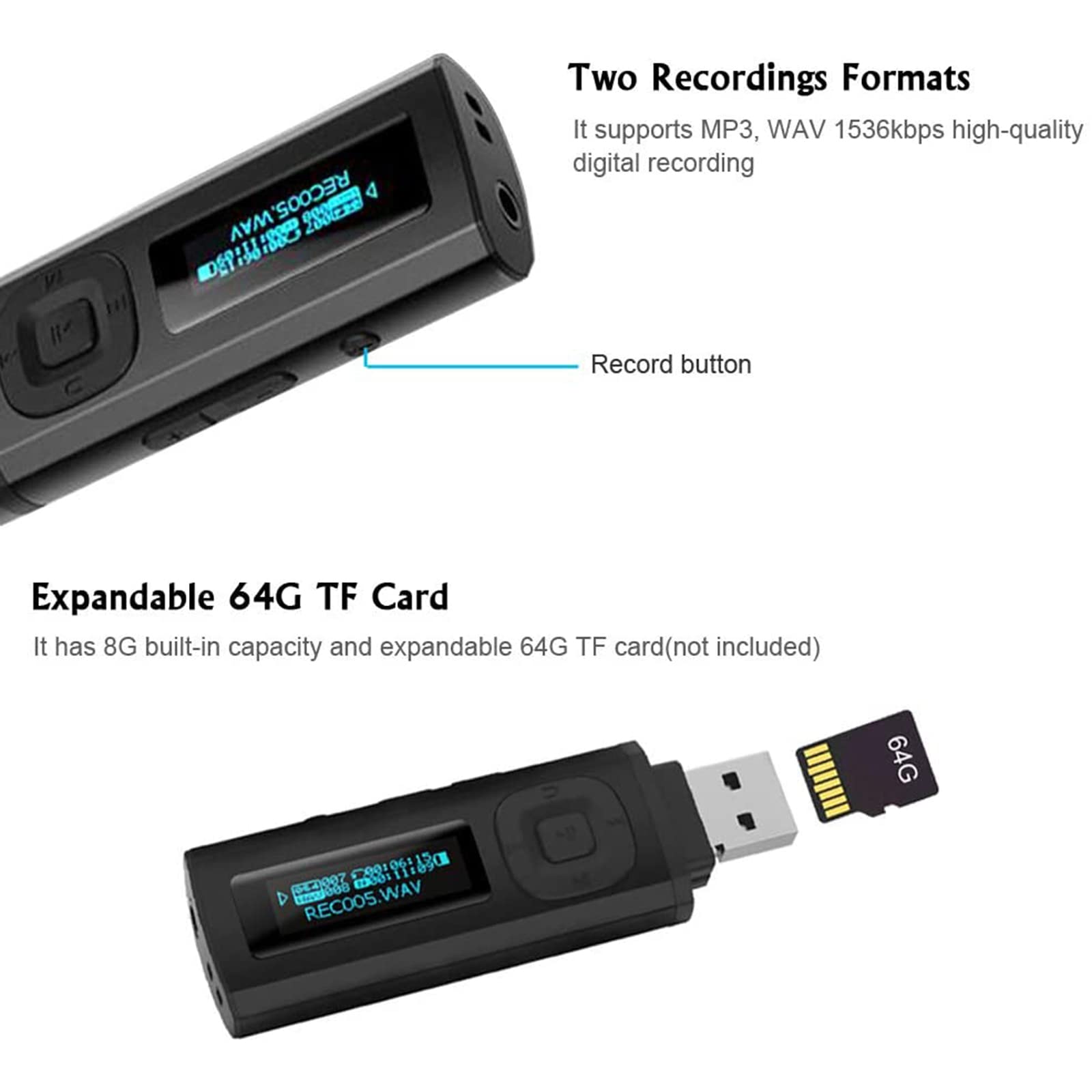Lecteur Mp3 USB 8Go avec Ecran LCD, Mini Lecteur Musique Baladeur Léger pour Le Sport, Radio FM, Carte Extensible de 64 GB
