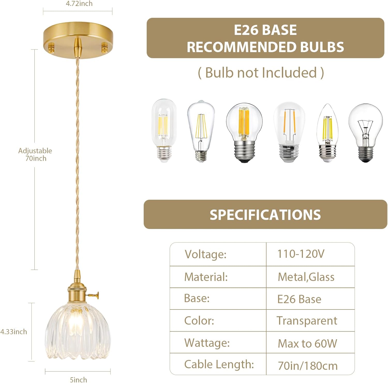 Mini Pendant Lights Kitchen island 3 Pack, Small Adjustable Pendant Light Fixture with Transparent Tulip Glass Lampshade, Vintage Gold Pendant Lighting, Pendant Light for Bedroom Dining Room Hallway