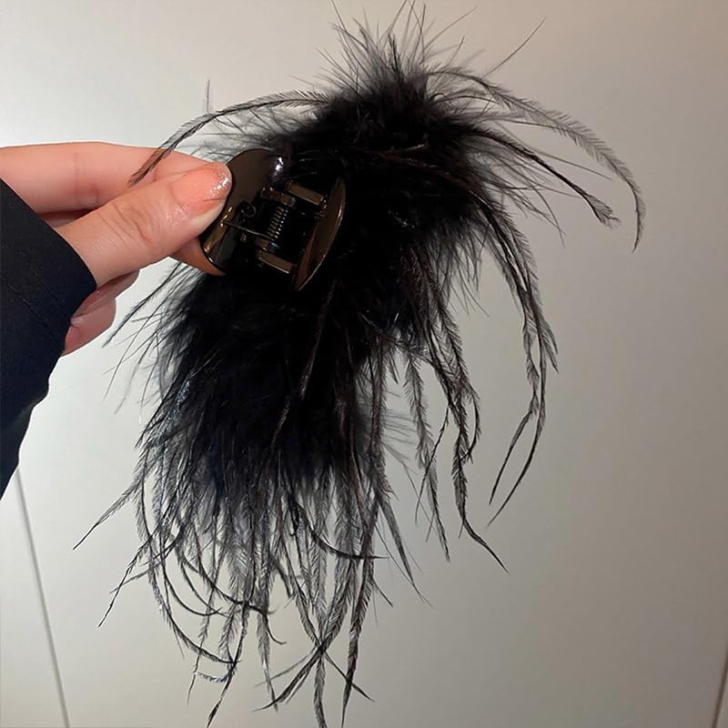 Miniatura 6 de Pinza para el pelo de plumas negras, avestruz, pelo esponjoso, pinza de cola de caballo para mujer, Halloween, carnaval, fiesta de cumpleaños,