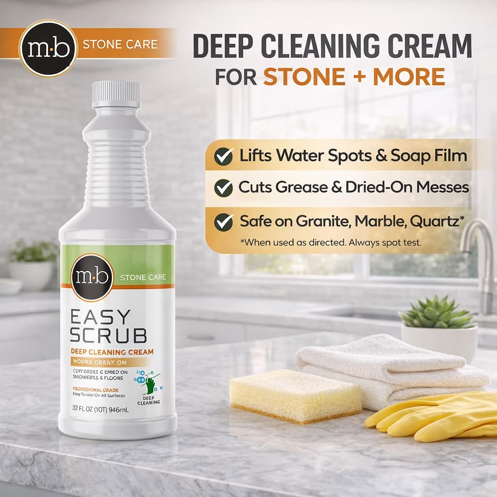 MB Stone Granite, Quartz Marble, Stone Countertop Cleaner for Countertops Showers Floors, Removes Water Spots, Soap, Film, Grease, Easy Scrub Deep Cleaning Cream Professional Grade Abrasive