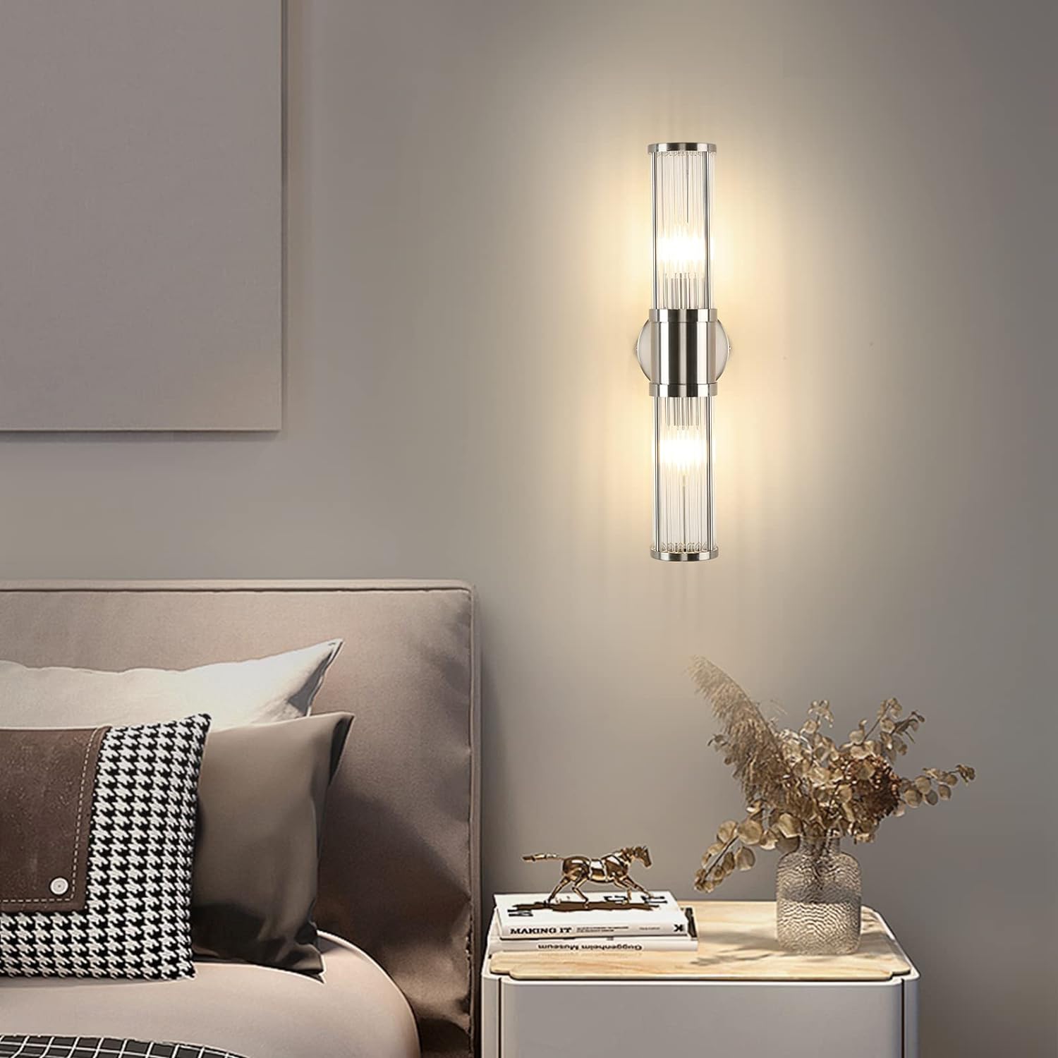 Image of Brushed Nickel Wall Sconce with Glass Rods - Modern Industrial Vanity Light Fixture, E12 Candelabra Base for Bathroom, Bedroom & Hallway (Bulbs Not Included)