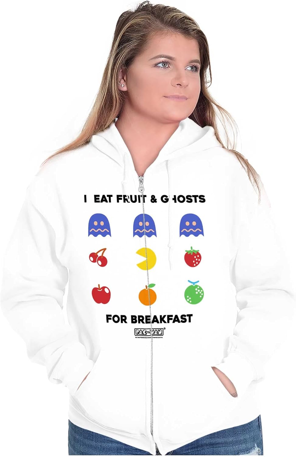 Brisco Brands PACMAN Fruit and Ghosts for Breakfast Zip Up Hoodie Mens Womens