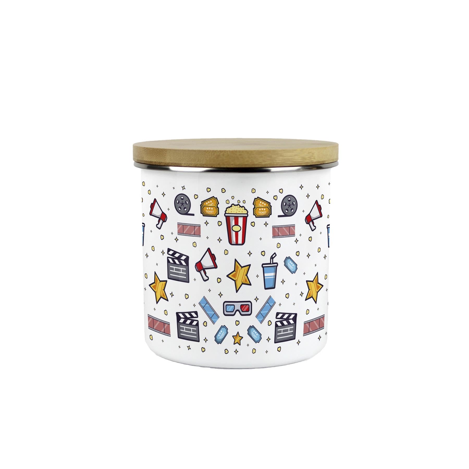 Movie Snacks Storage Canister - Medium Sized Homewares Films Gifts For Home Cinema - White Metal Enamel Kitchen Food Container Present