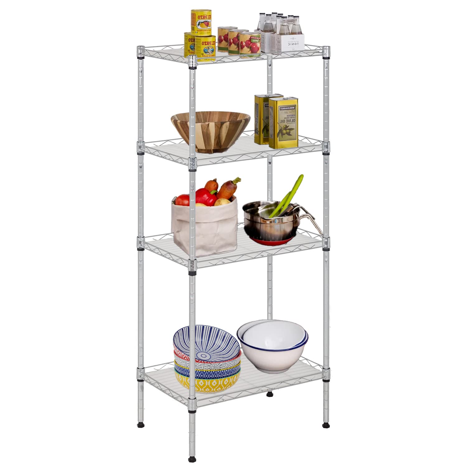FDW 18L x 12W x 44H Wire Shelves with 4 PP Sheets Metal Shelf Storage Shelves 4 Tier Layer Storage Shelves for Laundry Bathroom Kitchen Garage,Chrome