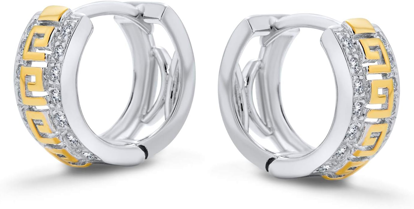 Two Tone Greek Key Cutout Huggie Hoop Earrings For Women For Men Cubic Zirconia CZ 14K Gold Plated .925 Sterling Silver