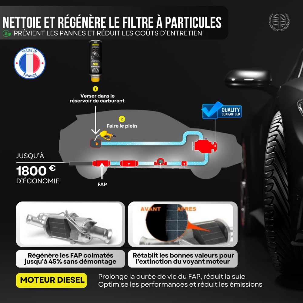 Nettoyant FAP DPF 375mL Ultra Efficace – sans Démontage – Additif Diesel Haute Performance – Décrasse, Régénère et Protège Le Filtre à Particules – Réduit la Pollution et Évite Le Remplacement