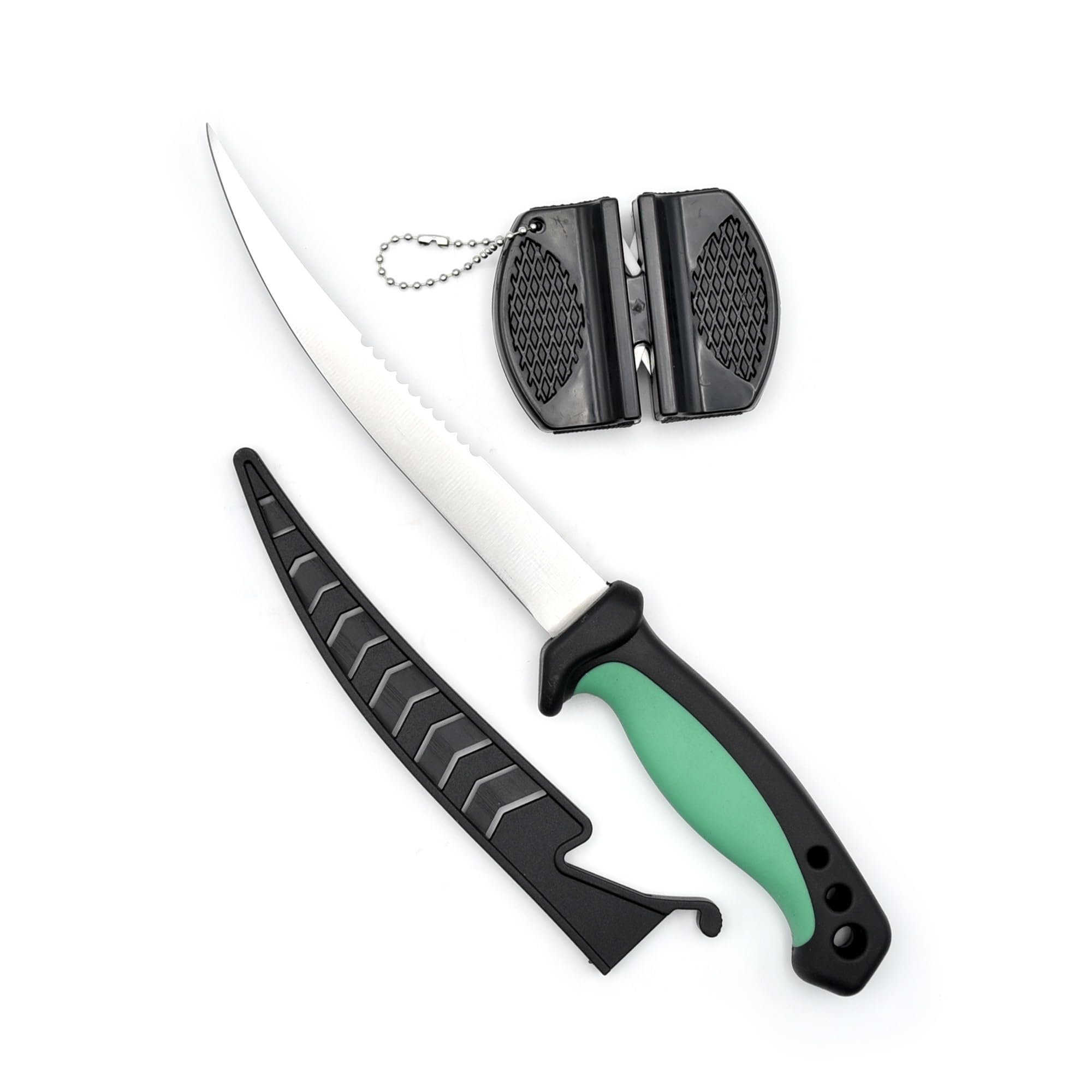 NAMAKA Kit Coltello da Pesca Sfilettatore + Affilatore - Precisione e Affilatura Professionale – Ideali per Trote, Persici, Lucciotti, Cavedani, Carpe di piccola taglia.