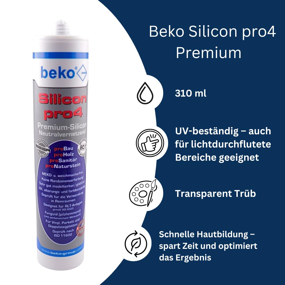 Beko Silicon pro4 Premium 310 ml + Big Wipes – Profi-Silikon für Bad, Küche & Bau – Schimmelresistent, haftstark, UV-beständig (Transparent Trüb, 10)