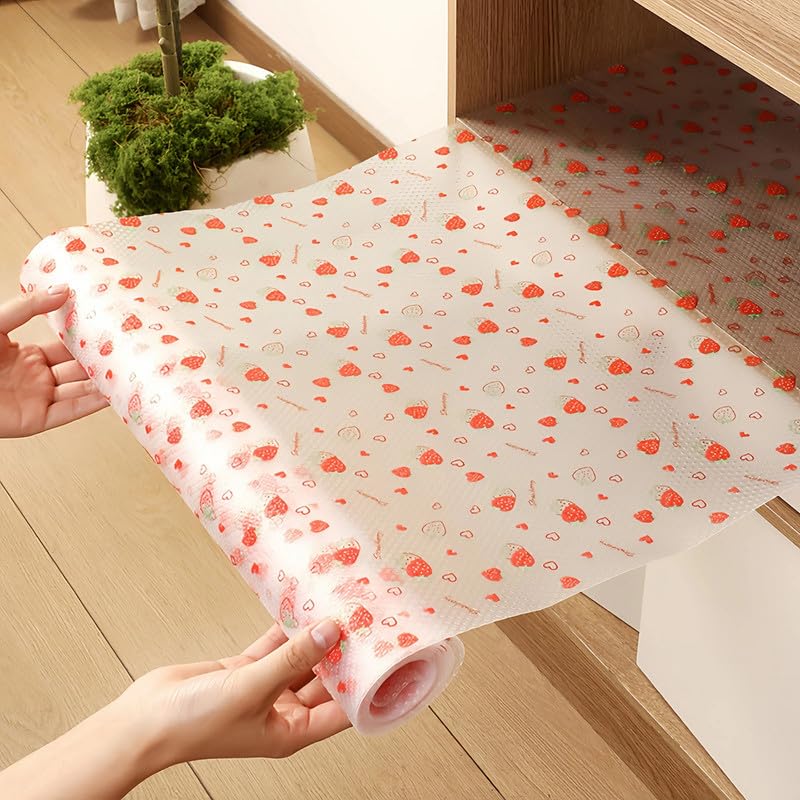 Kitchen Drawer Liners Shelf Liner for Kitchen Cupboards Non-Adhesive Waterproof & Non-Slip Cabinet Mat EVA Plastic Shelf Protector(Strawberry,30x600cm)