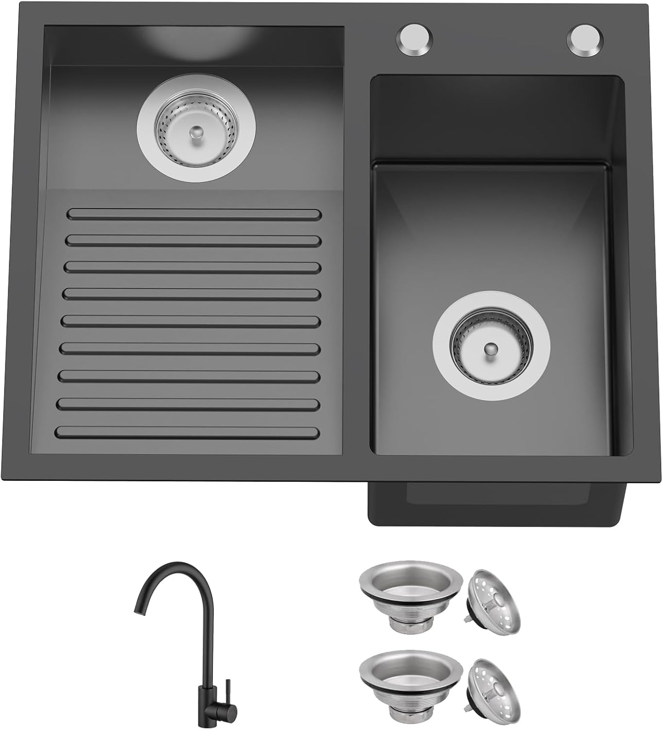 Black Stainless Steel Laundry Sink With Washboard-23.6 x 18.9 Inch Laundry Drop In Double Bowl Topmount Sink Come With Faucet And Drain Assembly Dedicate Washboard Zone Add Convenience To Laundry Room