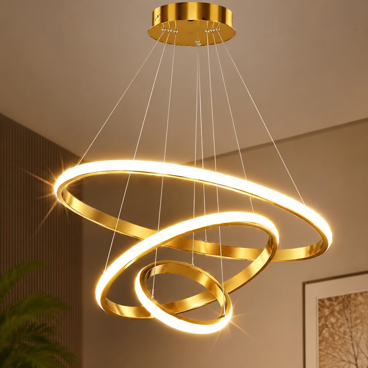 Gold LED Ring Pendant Chandelier Ceiling Light with 3 Color Modes, Modern Adjustable Hanging Fixture for Living, Diningroom & Bedroom, Kitchen Island Decor Lamp, Premium Elegant Contemporary Design-image-19