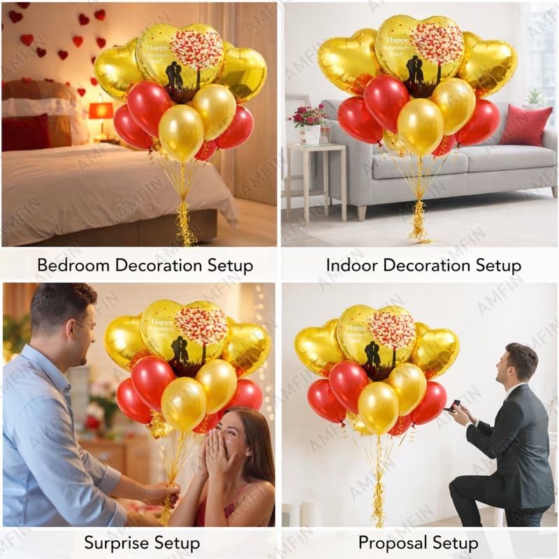 Image of AMFIN (Pack of 9) Happy Valentine's Day Balloon Decoration Set | Romantic Heart Foil Bouquet Metallic Helium Bunch Proposal Anniversary Celebration Party Decor - Red Black