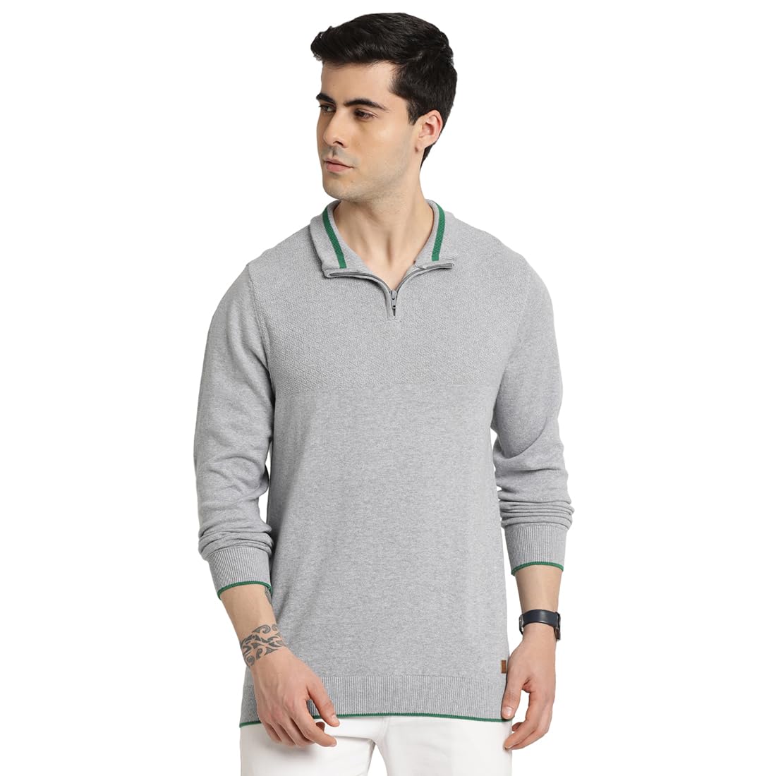 turtle Men Grey Knitted Dobby/Structure Collar Neck Pullover||Men's Sweater-picture-19