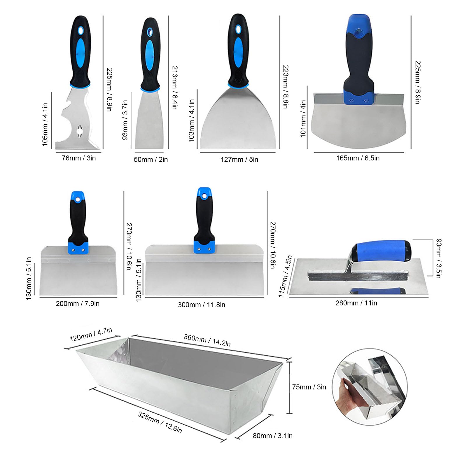 Set Spatola a Secco 8 Pezzi, Padella di Fango 14 Pollici, Raschietto in Acciaio Inossidabile, Pala, Cazzuola con Intonaco con Manici Ergonomici per la Pittura di Fango a parete.