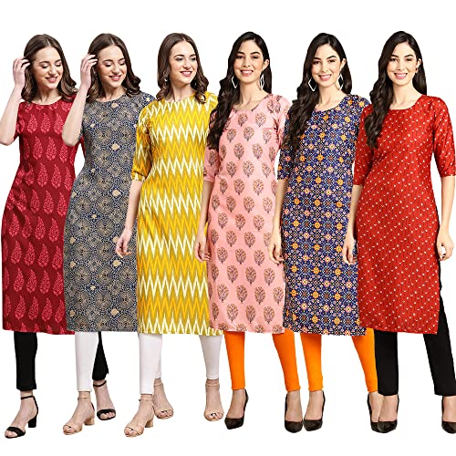 Image of Pinkmint Women's Crepe Digital Print Straight Kurta Pack of 6 [CR-336-370-344-343-328-366]