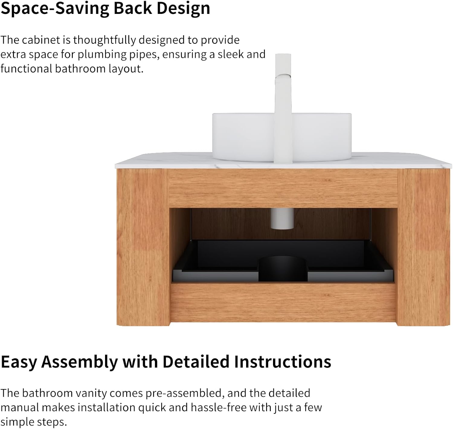 Yayzy 48" Floating Bathroom Vanity with Sink, Solid Wood Fluted Cabinet, White Marble-Patterned Ceramic Basin & Faux Marble Top, Soft-Close Drawer, Pre-Assembled, Natural Woodgrain