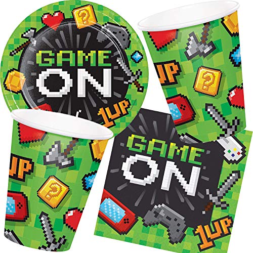 57-teiliges Party-Set * Game ON * für Kindergeburtstag mit Teller + Becher + Servietten + Deko | LAN Zocken Zocker Gaming Spielen Konsole Pixel
