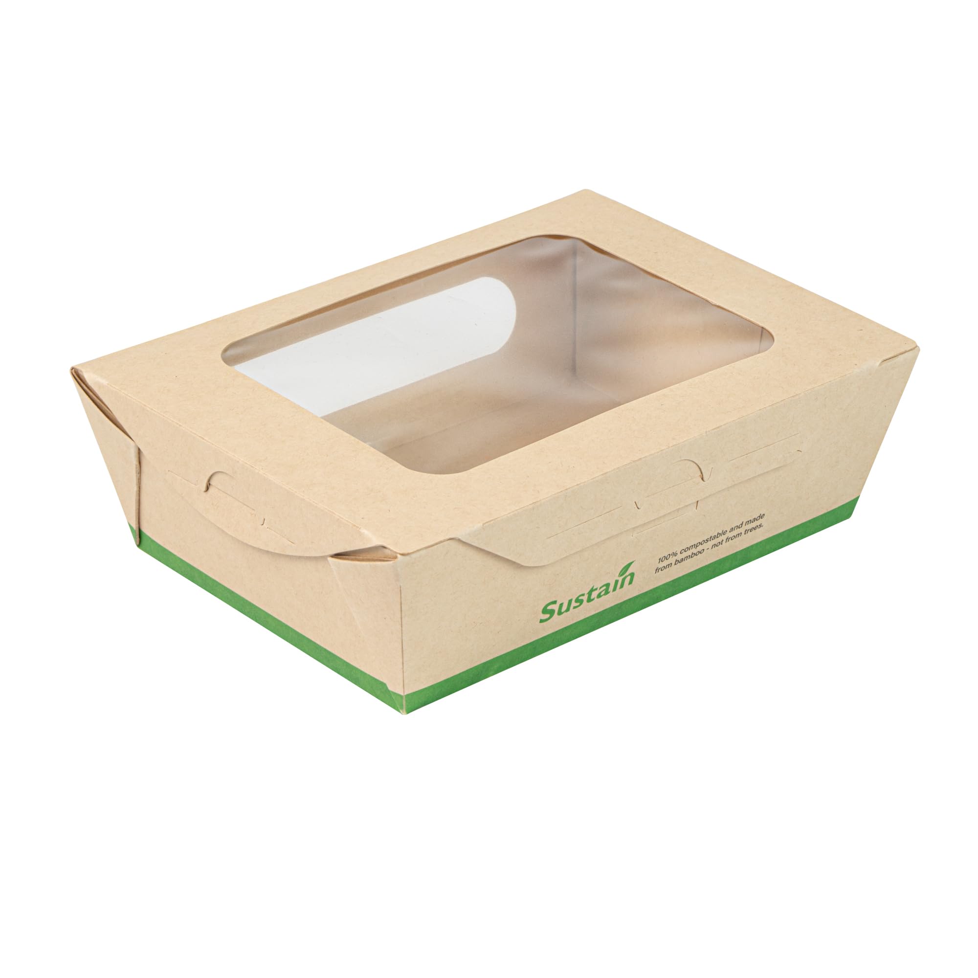 Restaurantware - Cajas de papel resistentes de 28 onzas, 50 recipientes desechables para alimentos, con forro de ácido poliláctico, dos ventanas transparentes de ácido poliláctico, contenedores de