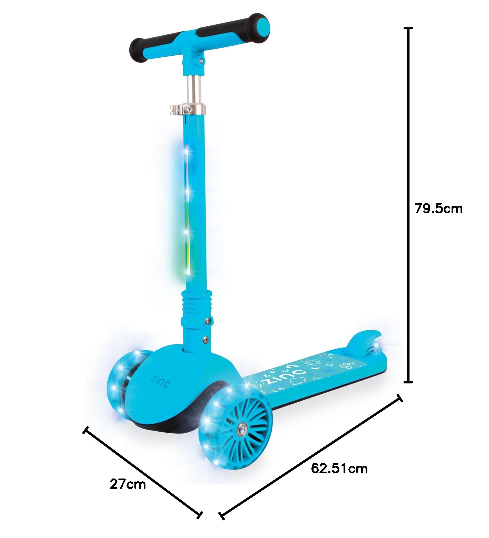 Zinc T-Motion Shine hulajnoga dla dzieci w wieku od 3 lat – trójkołowa, składana hulajnoga dla chłopców i dziewcząt, z podświetlanym blatem i kółkami LED, regulowana kierownica, sterowanie pochyleniem