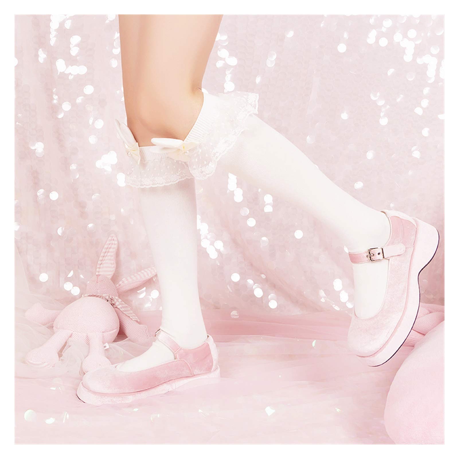 Chaussettes Lolita blanches femme mi-hautes en coton avec nœud dentelle et perle