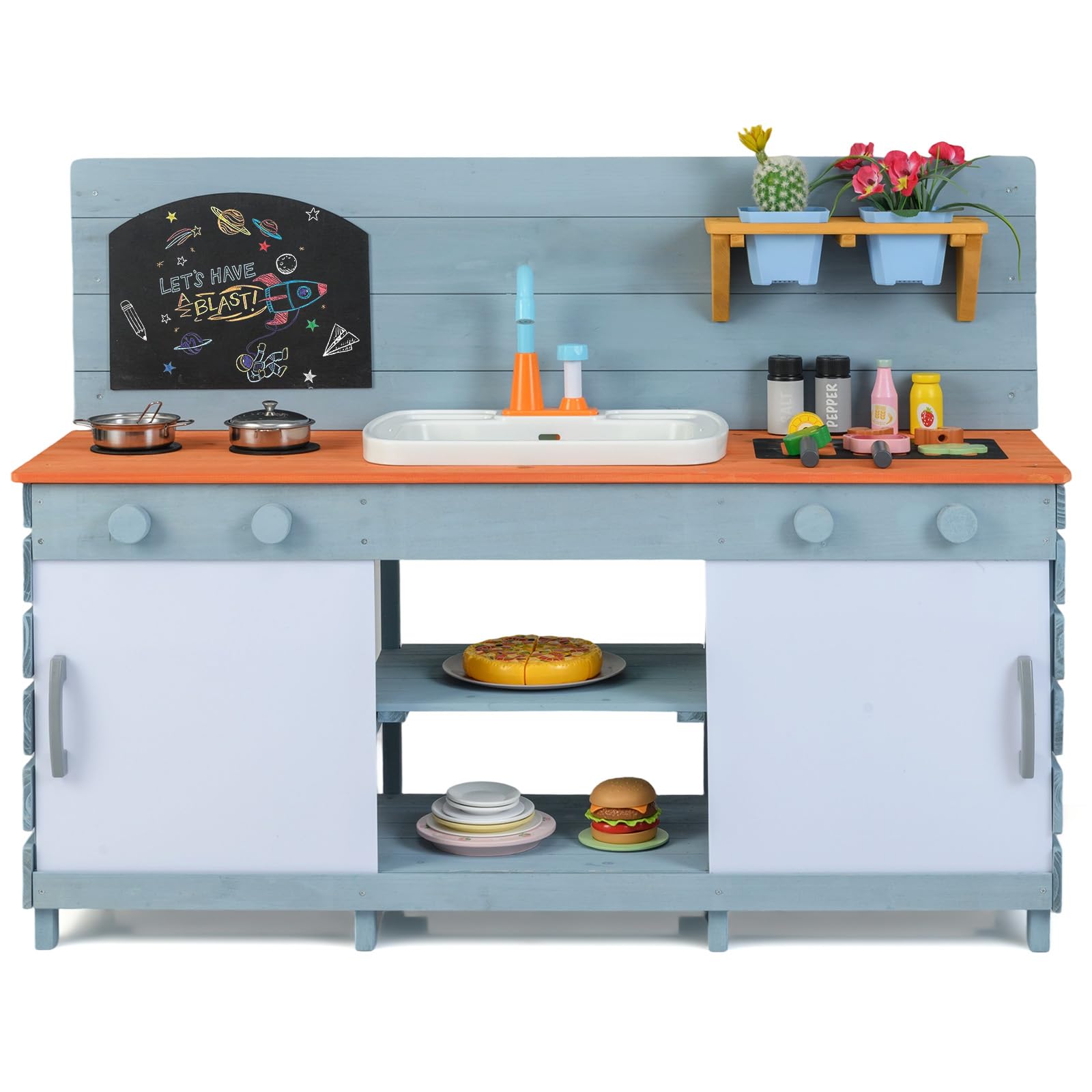 COSTWAY Mud Kitchen, Wooden Kids Play Kitchen with Stoves, Sink, Faucet, Grill Rack, Chalkboard, Flowerpots, Shelves & Cabinets, Outdoor Pretend Toy Kitchen Playset for Boys Girls Ages 3-8