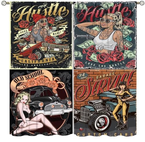 Antique Cars Curtains,1950s Classic Garage Service Vintage Car Theme Nostalgic