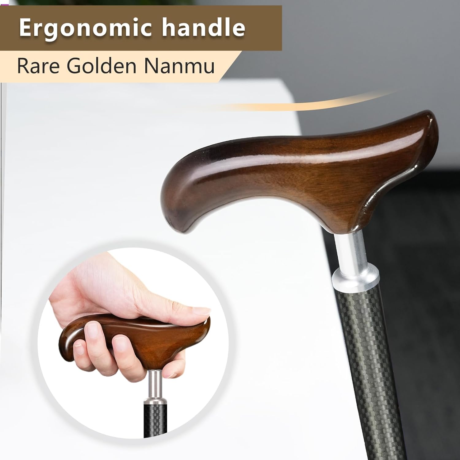 Wooden Handle Walking Cane - Carbon Fiber, Foldable and Adjustable, for Men and Women, Elderly and Seniors
