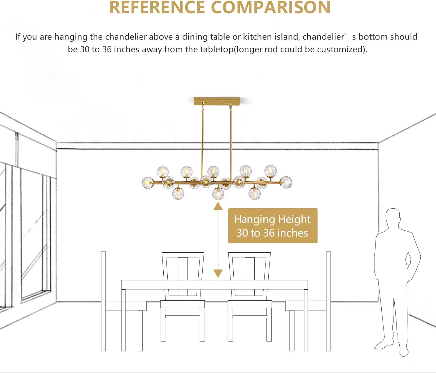 MOOONIHCE 16 Lights Rectangle Chandelier, Mid Century Globe Chandeliers with Clear Glass Shades, Gold Linear Pendant Ceiling Light Fixture for Dining Room Kitchen Island, Living Room
