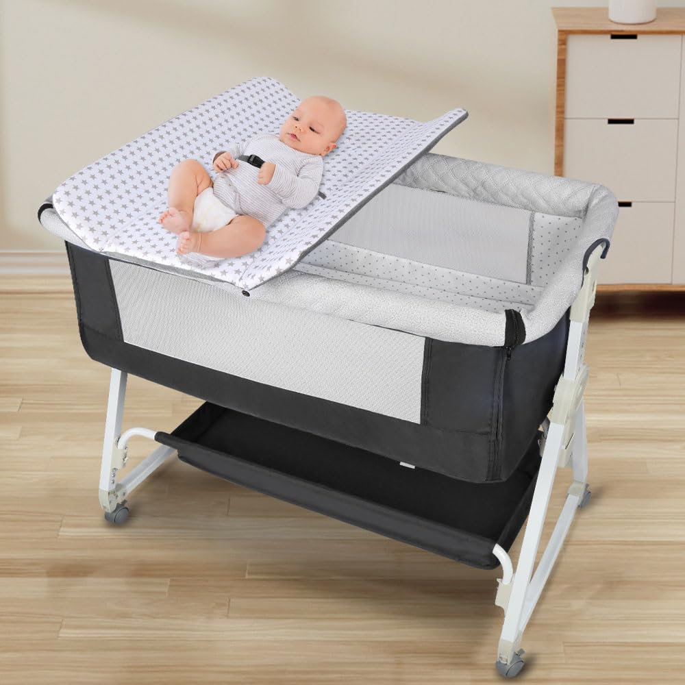 2 en 1 Berceau Cododo pour Bébé,Lit Cododo de Bébé avec Matelas et Moustiquaire 4 Roues,pour 1 à 36 Mois,Inclinaison&Hauteur Réglable, 95 * 50 * 98-110cm, Noir