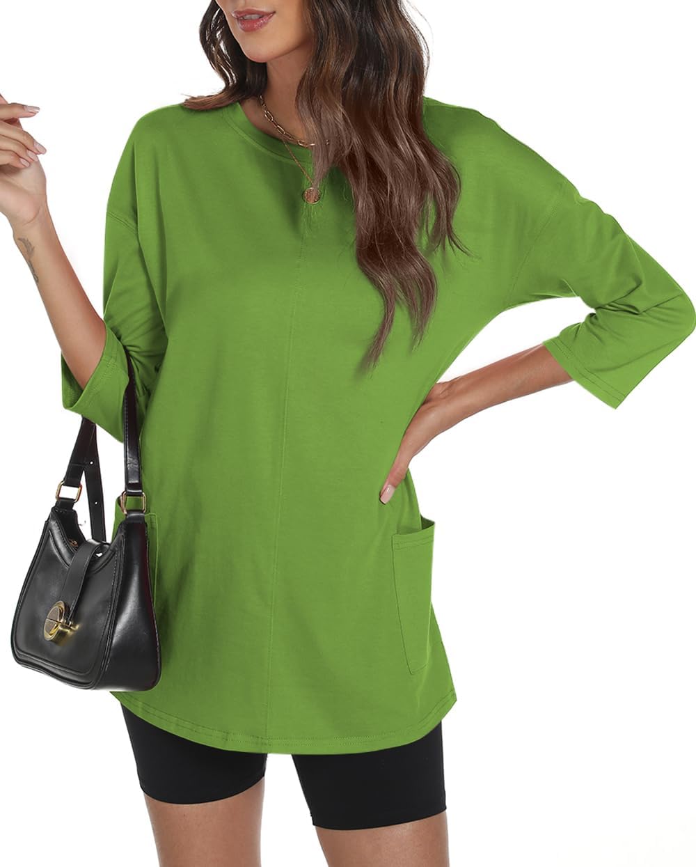 Poetsky Womens 3/4 Sleeve Tunic Tops for Leggings with Pockets Oversized Crew Neck Casual Long T Shirts Small Green