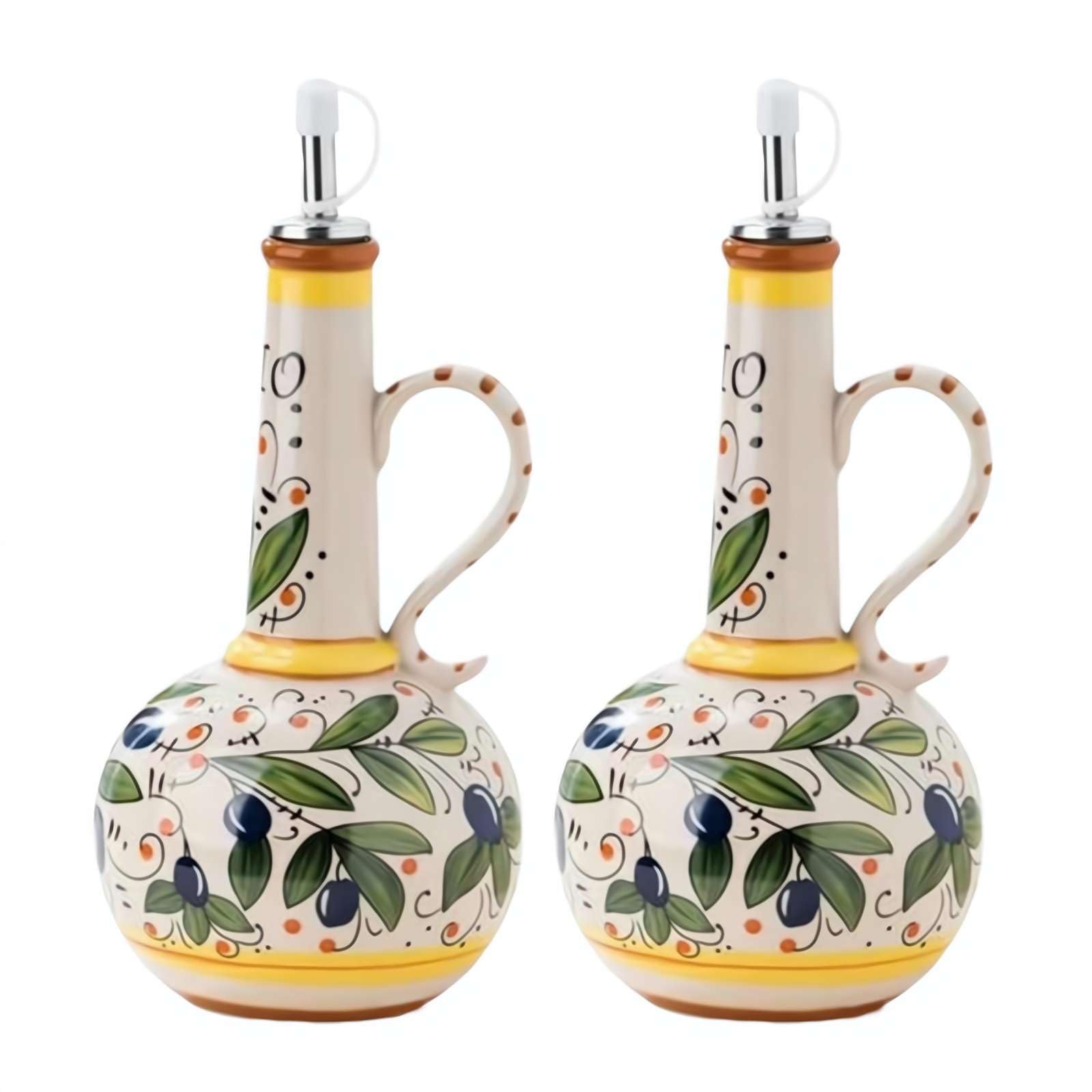 Keramik-Olivenölspenderflasche, dekorative Olivenölflasche aus Steingut,500 ml, handbemalt, für Küche, dekoratives Olivenöl, Steingut,handbemalte Olivenölflaschen (2 St)