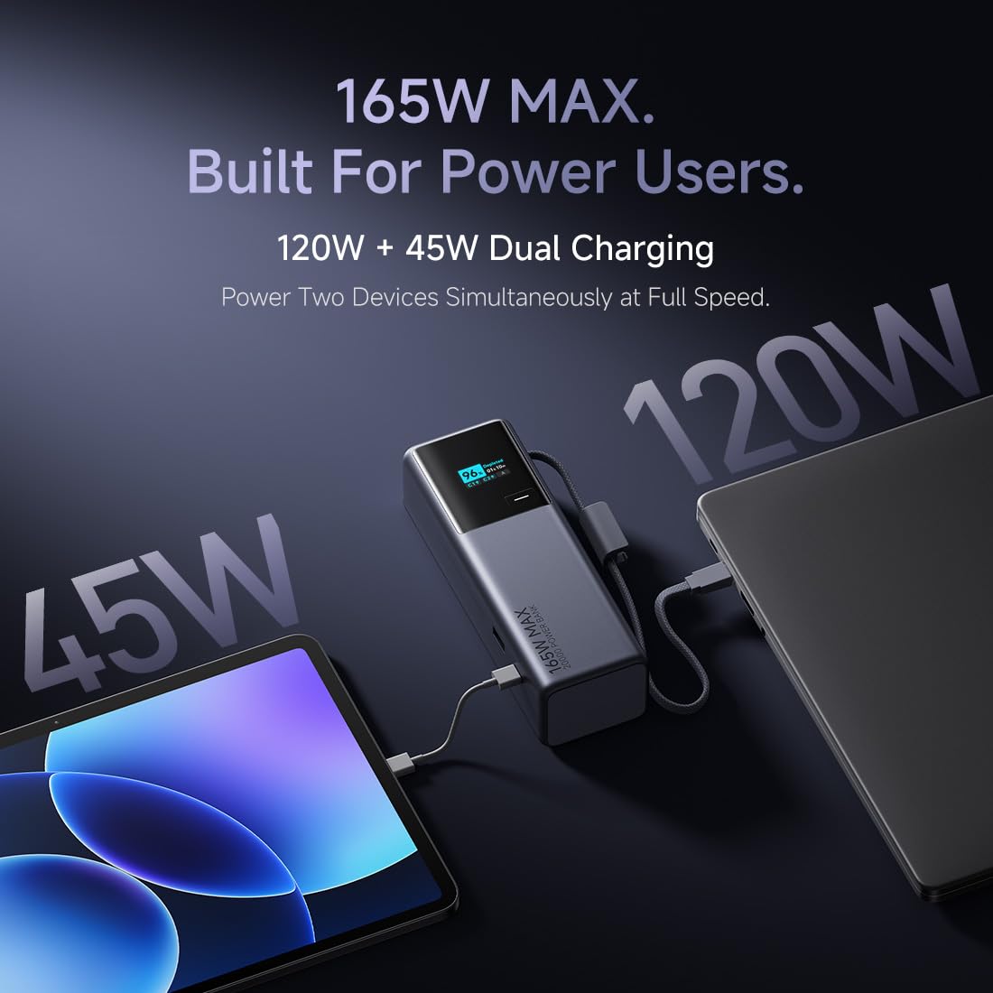 Xiaomi MI Power Bank 20000 165W Fast Charging|Built-in USB-C Cable|12Layer Protection|Digital Display|Triple Output|Charges Laptop,Tablet,Phone,Earbuds,Watch|Space Grey|2026 Sep Launch — Amazon image 3