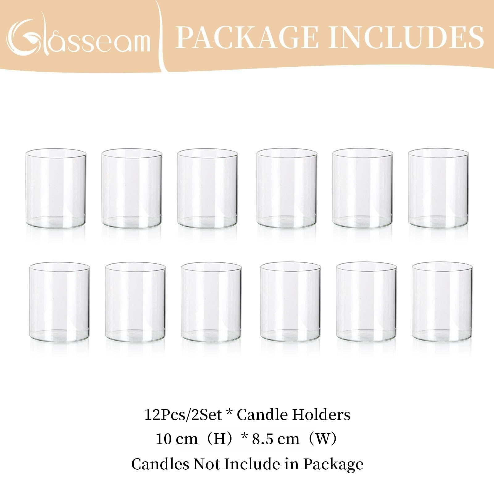 Glasseam Hurricane Glass Candle Holder Set 12, Cilindro Portacandele Galleggiante per Candele A Colonna, Pillar Candle Holder Piccoli Vasi per Fiori, Trasparente Candeliere per Tavolo da Sposa