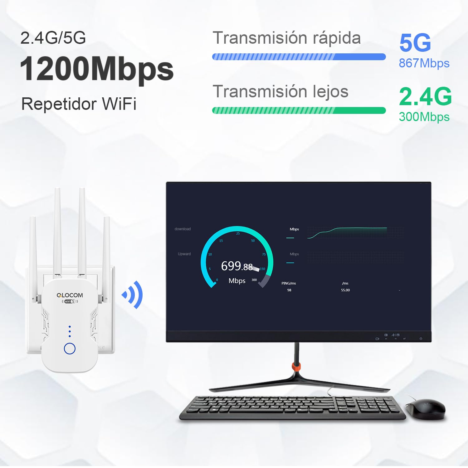 2026 Nuevo Amplificador Señal WiFi 1200Mbps Repetidor WiFi Largo Alcance, Doble Banda 5GHz y 2.4GHz WiFi Booster con WPS, Extensor WiFi Compatible con Todos los Routers
