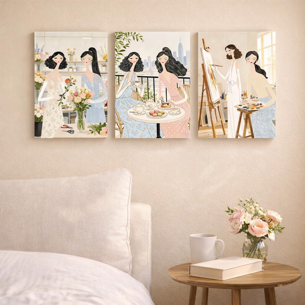 Artiluxy Vintage Women Canvas Wall Art Set of 3, 12x16 Inch Elegant Female Portraits with Pearl Jewelry, Neutral Feminine Wall Decor for Bedroom Living Room (Beige)