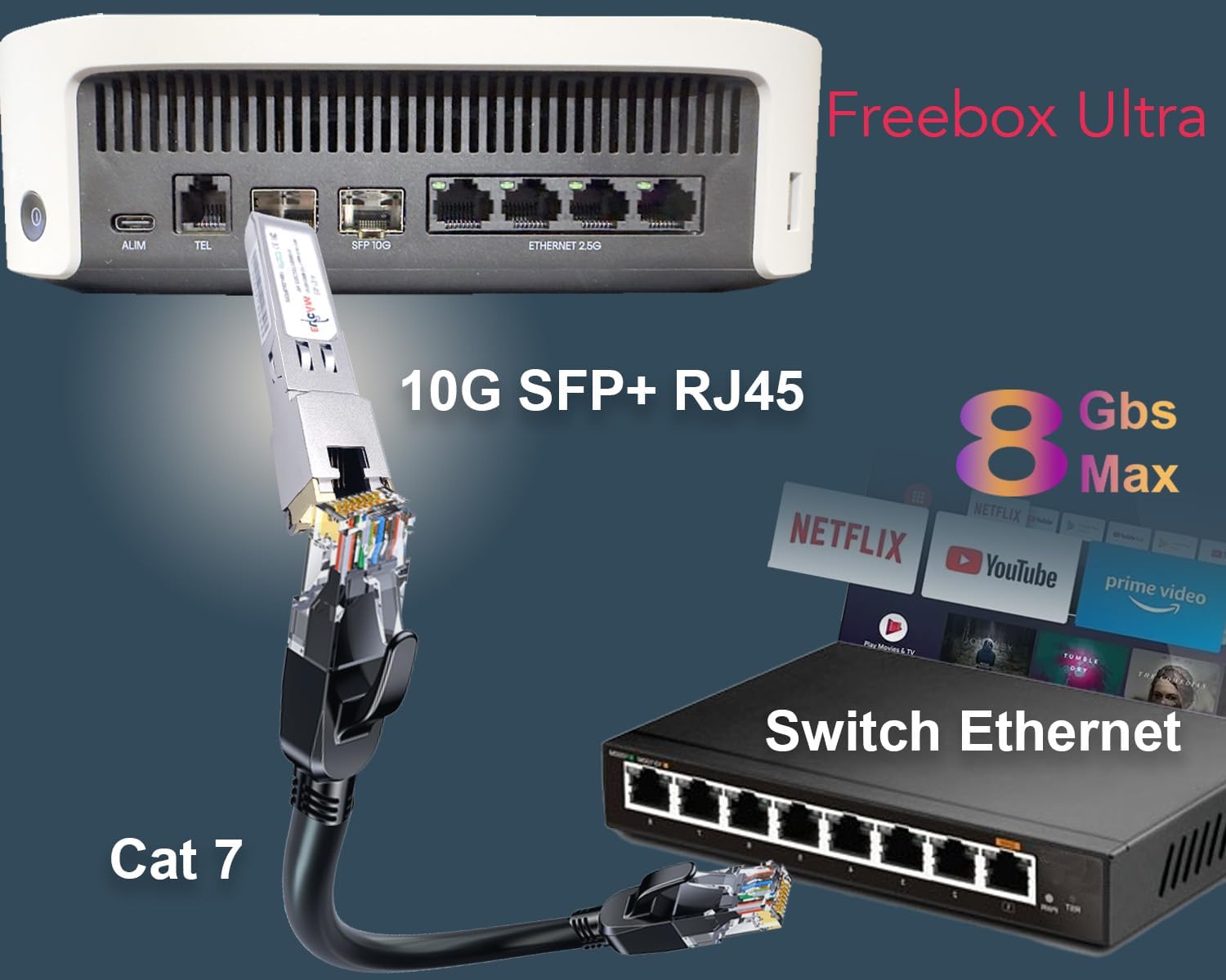Elfcam 10Gb SFP+ RJ45 Modulo 10Gbase-T-30m con Cavo Cat8 2m per Freebox Ultra