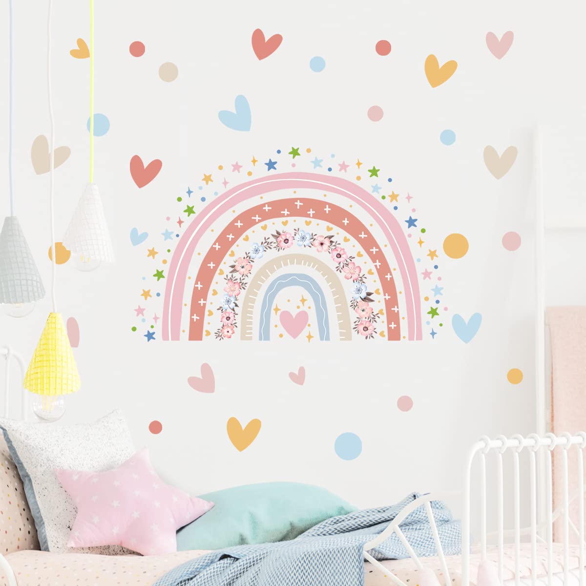 Rainbow Flower Wall Stickers Boho Rainbow Wall Decal Colorful Hearts Stars Wall Decor DIY Vinyl Mural Art for Bedroom Living Room Removable Decor Home Art Decoration