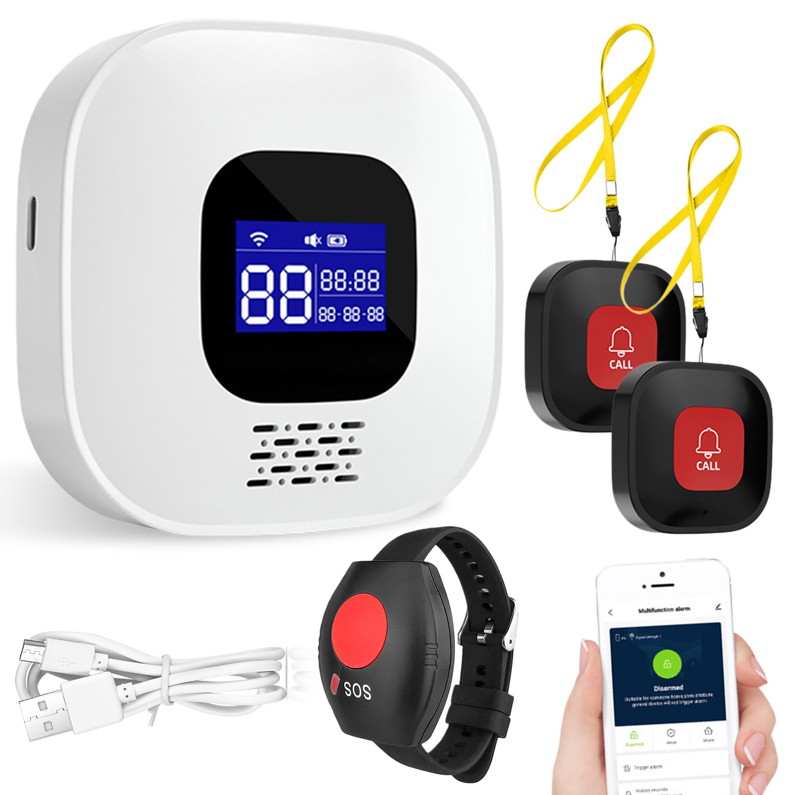 Bouton d'appel d'urgence pour personnes âgées, WiFi Tuya Smart Seniors Bouton d'urgence Système d'alerte, Bracelet SOS pour patients et handicapés (1 récepteur + bracelet d'appel d'urgence + 2