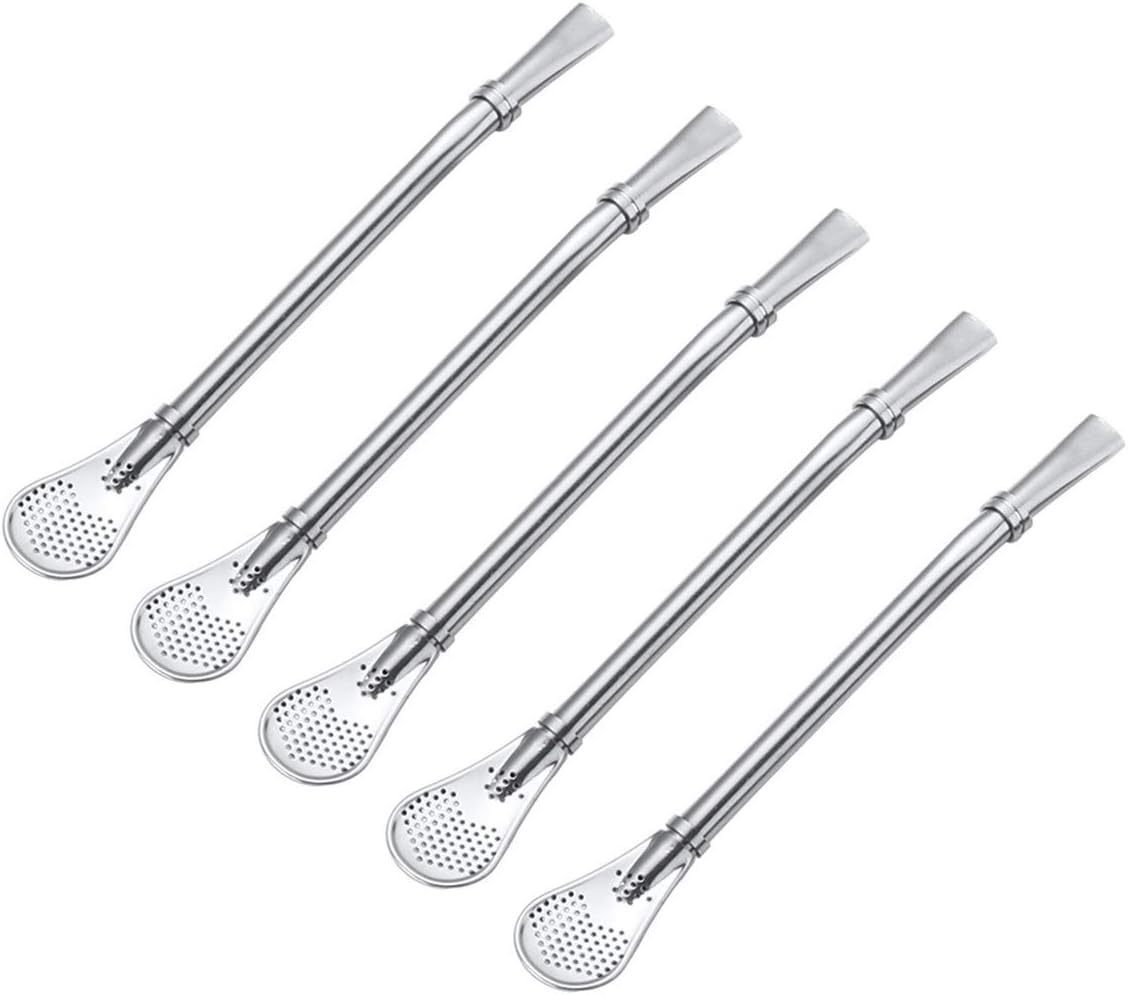 POFET Stainless Steel Yerba Mate Bombilla Straw for Mate Tea, Drinking Straws for Mate, Spoon Bombillas Straws, Silver Set of 4