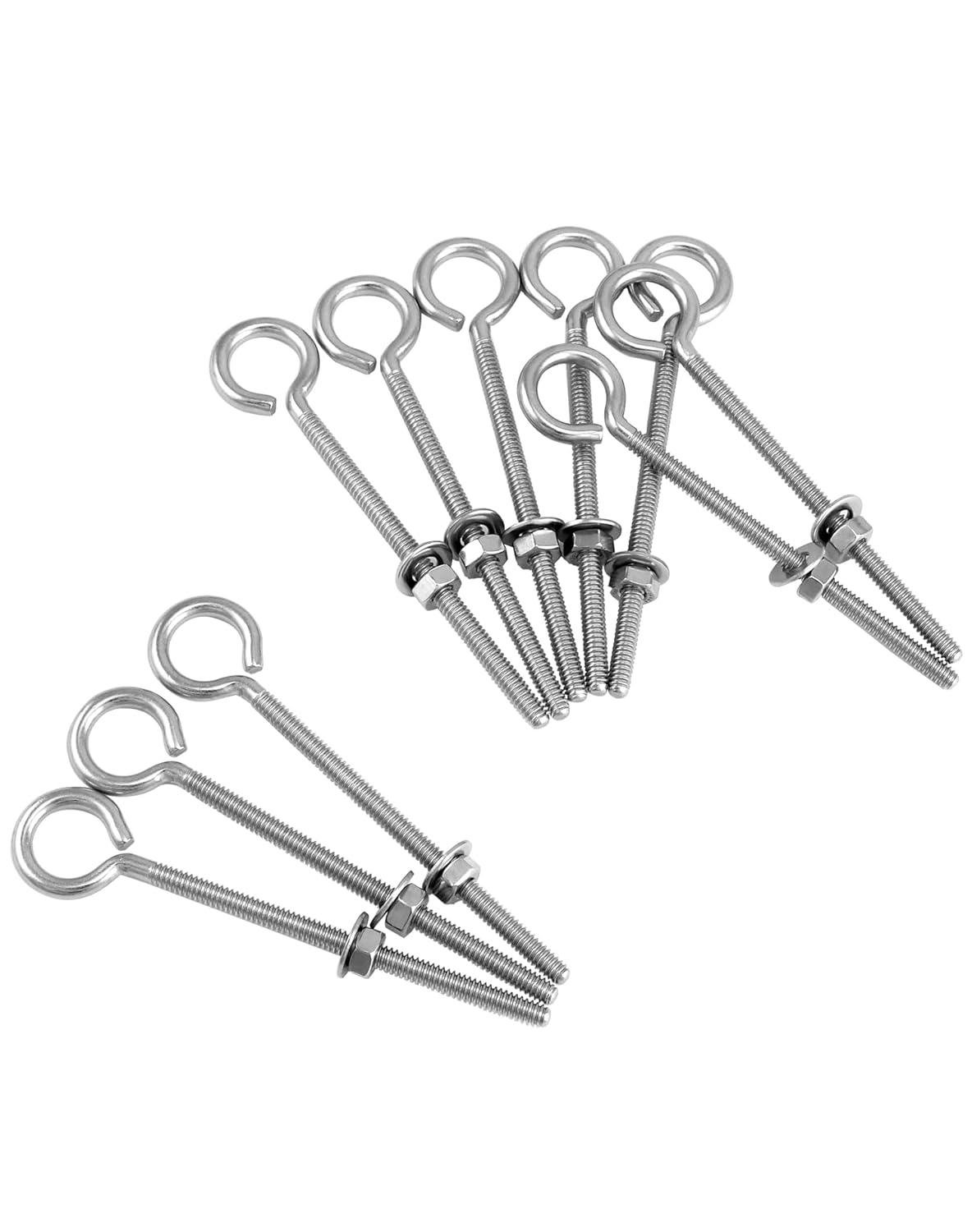 QWORK Eye Bolts, 10 Pack 1/4" x 4" Stainless Steel Long Threaded Eyebolts with Nuts, for Hanging or Securing Cables