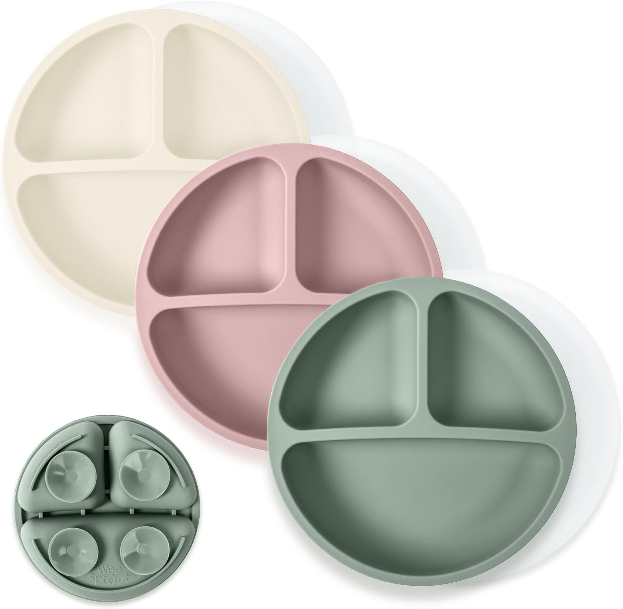 Suction Plates with Lids for Babies & Toddlers - 100% Silicone, Dinnerware Stays Put, Divided Design for Picky Eaters, Microwave & Dishwasher Friendly, 3 Pack