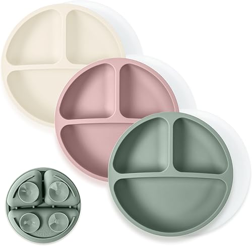 WeeSprout Platos de Succión con Tapas para Bebés y Niños Pequeños - 100% Silicona, la Vajilla se Mantiene en su Lugar, Diseño Dividido para