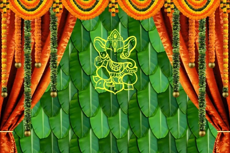 Miniatura 1 de Renaiss Cortina tradicional india Pooja de 6 x 4 pies, cortina india para matrimonio, hoja de plátano, caléndula Puja Ganpati, fondo de fotografía