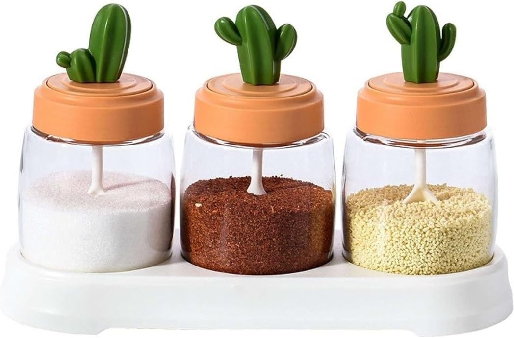 Condiment Set Seasoning Box Condiment Jar Cactus Condiment Bottle Set Glass Spice Jar Set With Tray Lid Spoon Seasoning Organizer Set Salt and Sugar Container Sets Condiment Pot (Color : 3Pieces)