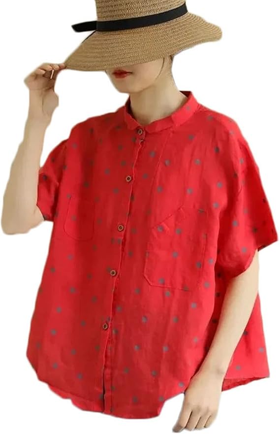 Amazon 開襟シャツ レディース 半袖シャツ トップス ブラウス インナー ボタン付き カジュアル 軽量 通気性 薄手 ゆったり 体型カバー クラシック コンフォート ドット プリント 涼しい エスニック コットン 海水浴 ビーチ シャツ ブラウス 通販