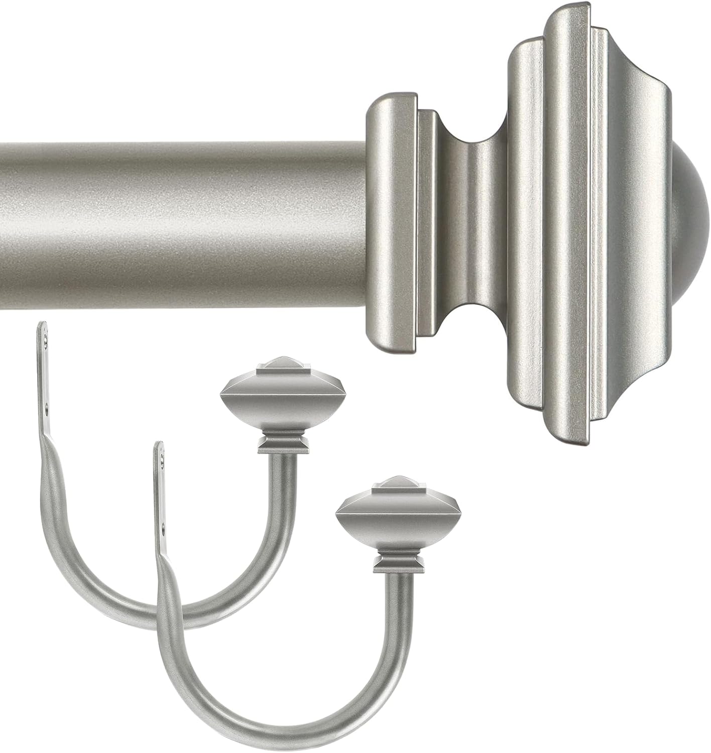 KAMANINA Bundle of 32-120" Antique Silver Single Curtain Rod and Matched Holdbacks 1 Pair, Square Finials
