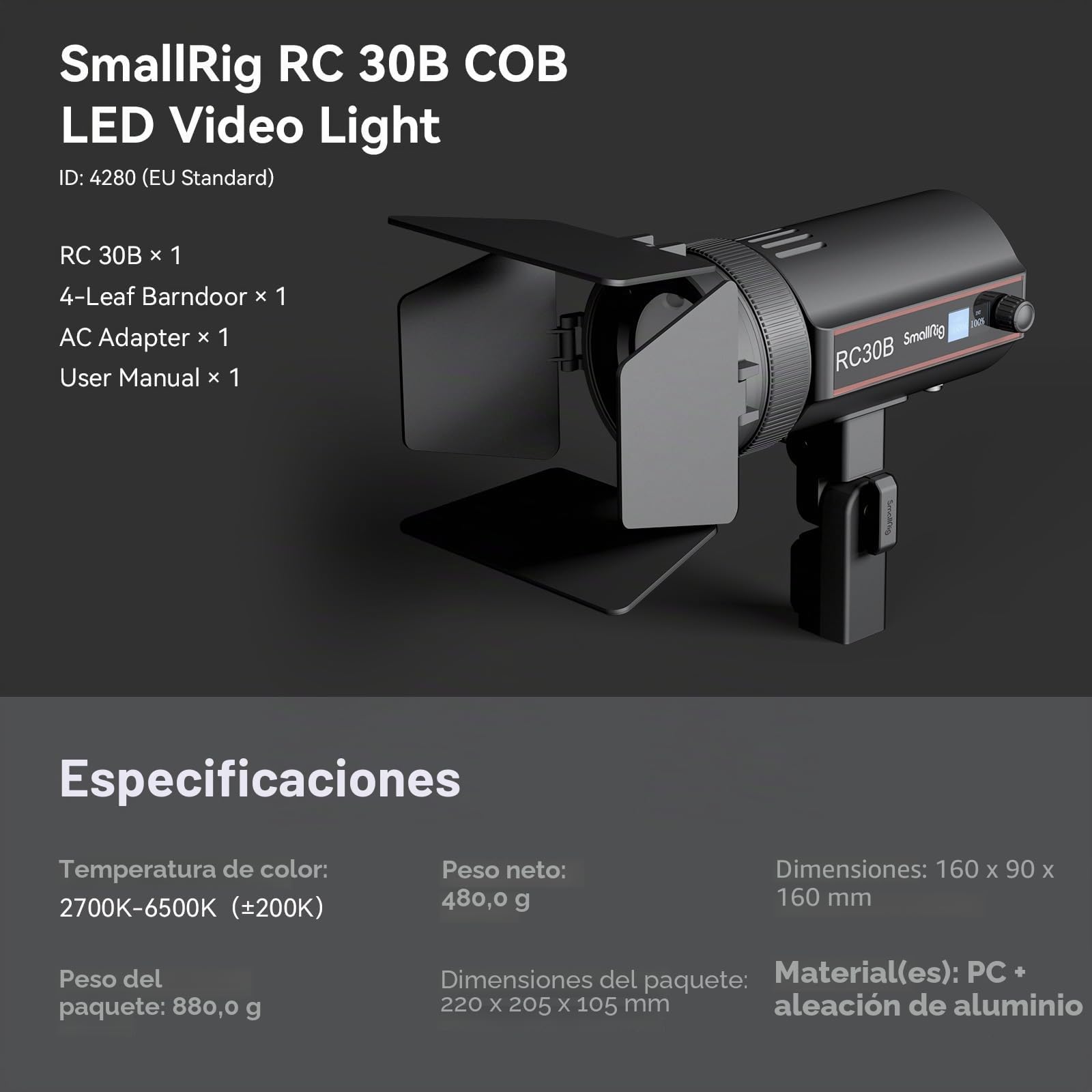SMALLRIG RC 30B COB Luz de Vídeo, 30W Luz de Vídeo Bicolor CCT 2700K-6500K, 10900 Lux@1m, Ángulo Ajustable de 15°- 60°, CRI 96+, TLCI 96+, Iluminación Trasera Dura para Fotografía - 4280