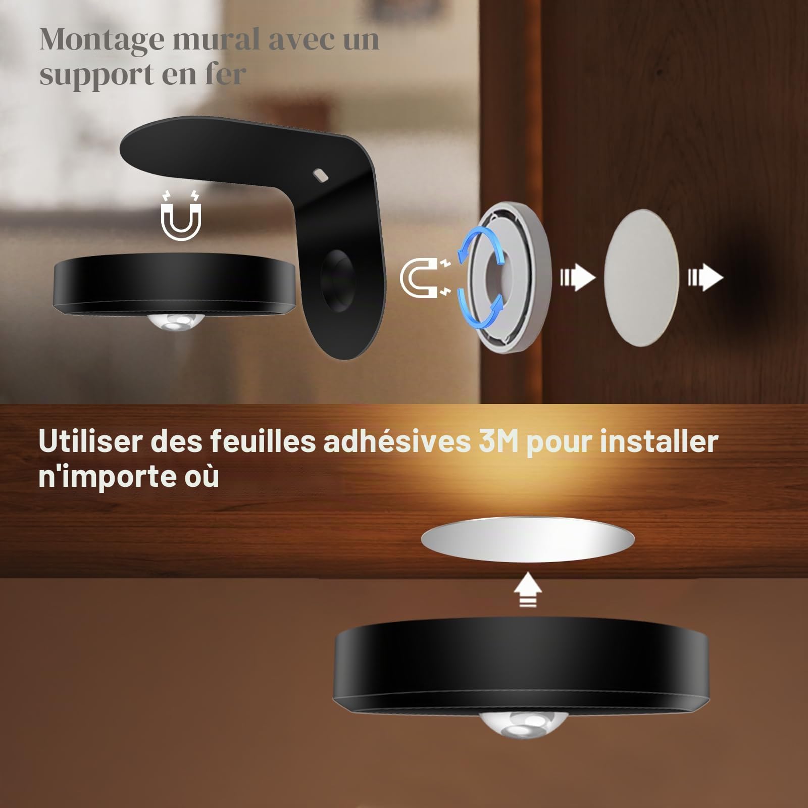 Lot de 4 lampes murales, sans fil, rechargeables, 2000 mAh, avec intensité variable et 3 CCT, avec télécommande, éclairage artistique pour peinture, comptoir, étagère, noir