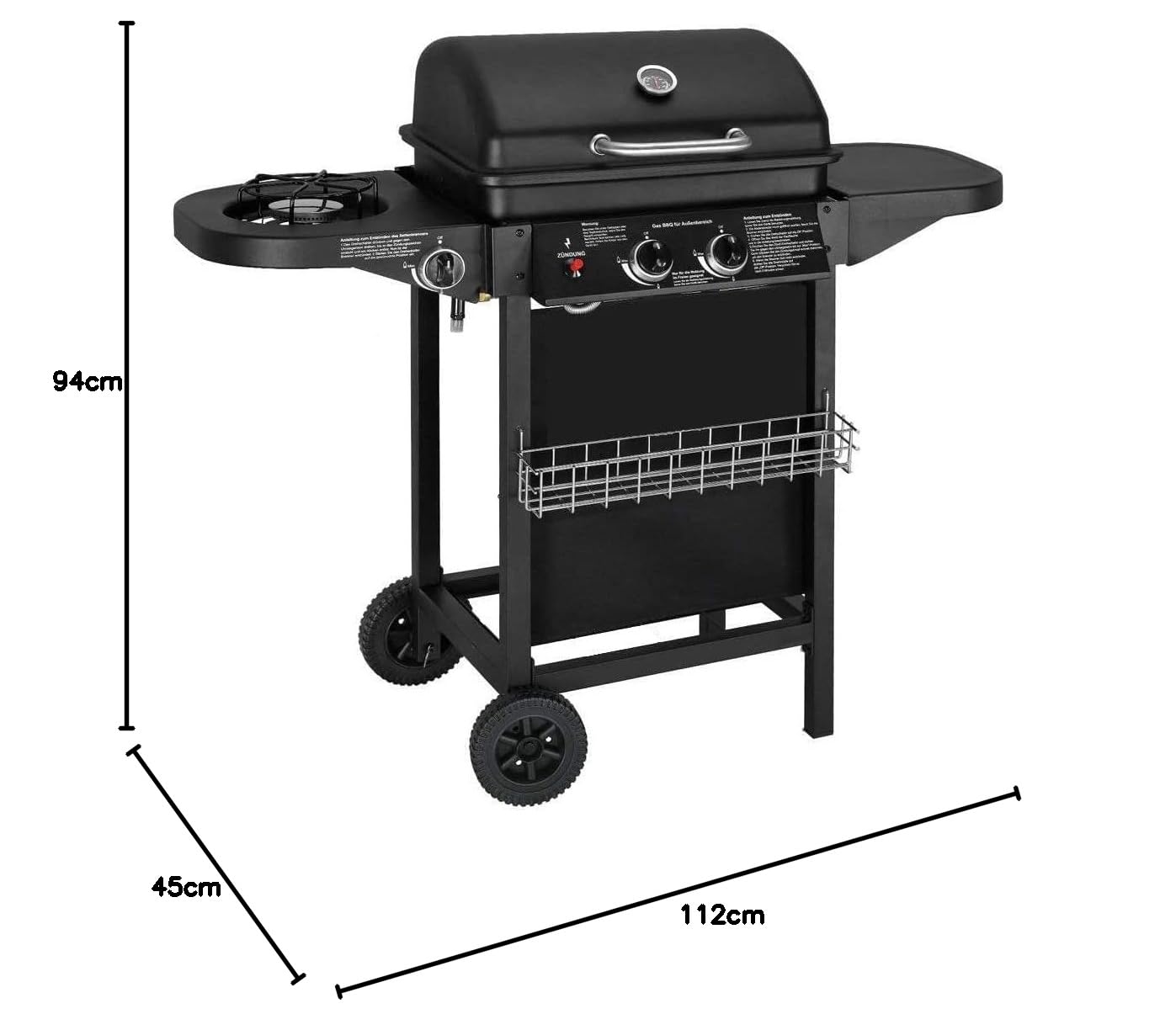 Barbacoa a gas con 2 quemadores de gas compactos, quemador lateral, rejilla barbacoa,mesas laterales y carro de acero, 8,7 kW de potencia