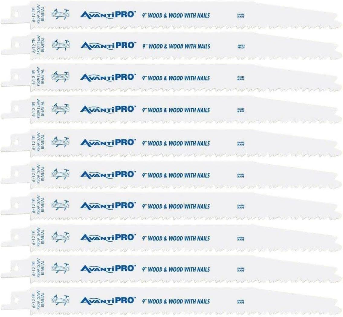 Avanti PS0912AW10 9-Inch 6/12 TPI Bi-Metal Reciprocating Saw Blades for Wood with Nails, 10-Pack